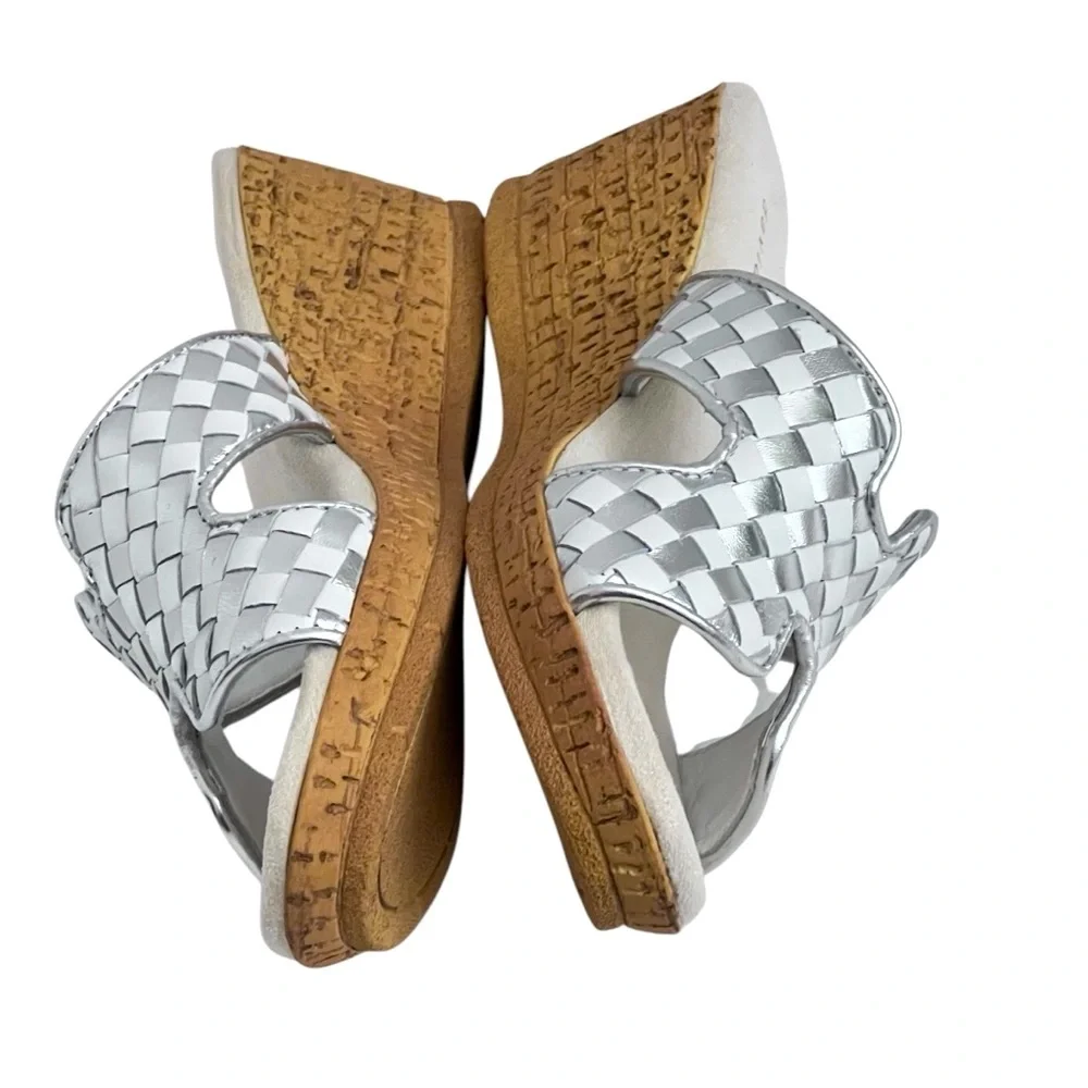 David Tate‎ Moderno Slip On Wedges Sandals Leather Upper Open Toe Silver
